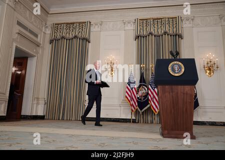 Washington, USA. 01st Apr, 2022. President Joe Biden arrives to deliver remarks on the March jobs report at the White House on April 1, 2022 in Washington, DC. (Photo by Oliver Contreras/SIPA USA) Credit: Sipa USA/Alamy Live News Stock Photo