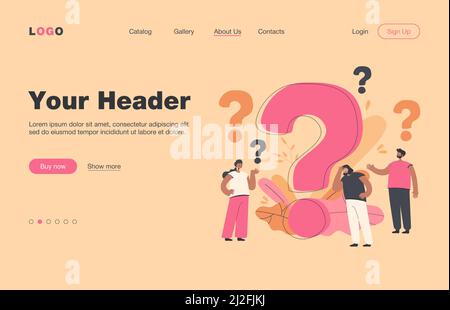 Pensive people asking frequently asked questions isolated flat vector illustration. Cartoon tiny characters standing near huge question mark. Help and Stock Vector