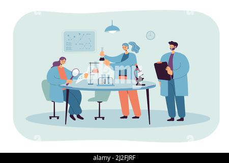 Happy scientist making research in laboratory isolated flat vector illustration. Cartoon medical students in white coats conducting chemical test. Che Stock Vector