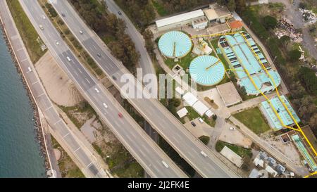 aerial view of a wastewater treatment plant Stock Photo