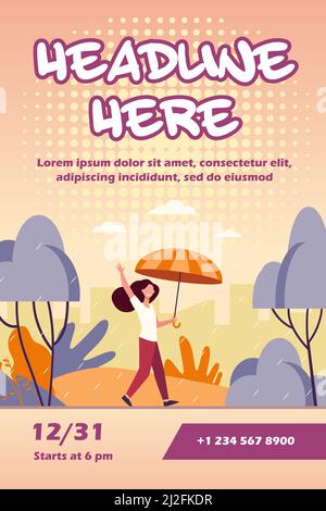 Happy woman walking in rainy day with umbrella isolated flat vector illustration. Cartoon female character being outdoors and autumn rain. Landscape a Stock Vector