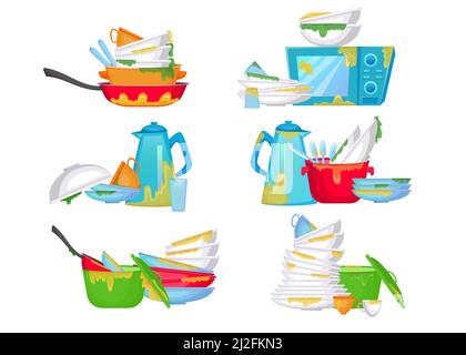 Piles of dirty dishes vector illustrations set. Stacks of plates and cups with pieces of food, greasy kitchenware or utensils isolated on white backgr Stock Vector