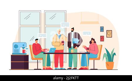 Happy coworkers talking on lunch in office kitchen isolated flat vector illustration. Cartoon company employees meeting at coffee break. Communication Stock Vector