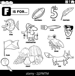 Black and white educational cartoon illustration of comic characters and objects starting with letter F set for children coloring book page Stock Vector