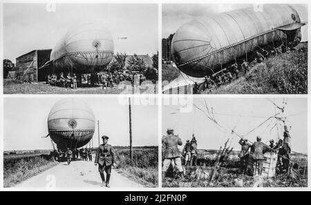 Launching of WWI German Parseval-Sigsfeld Drache observation balloon in 1915 at Plouvain, Arras during the First World War One in France Stock Photo
