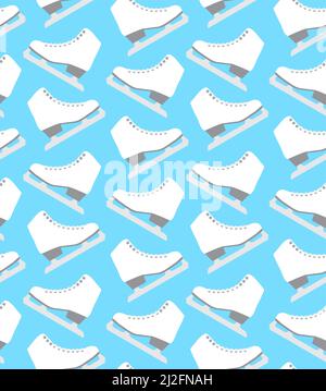 Vector seamless pattern of flat cartoon white ice skates isolated on blue background Stock Vector