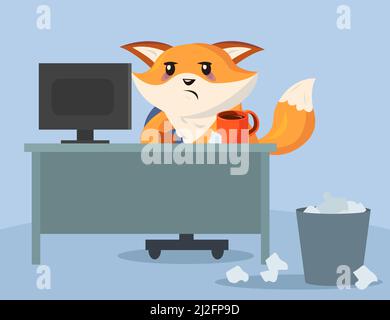 Sad and tired cartoon fox character sitting in office. Flat vector illustration. Exhausted fox working in office with computer and drinking coffee. An Stock Vector