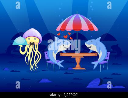 Sea inhabitants in restaurant at bottom of sea. Cartoon vector illustration. Two sharks in love on date, sitting at table, octopus waiter serving them Stock Vector