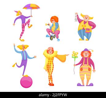 Set of cute circus clowns characters. Cartoon vector illustration. Funny jokers doing tricks and making people laugh at carnival. Holiday, festival, e Stock Vector