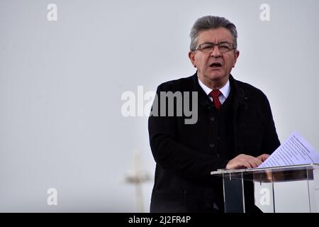 Marseille, France. 27th Mar, 2022. Jean-Luc Melenchon on stage during his political meeting. Jean-Luc Mélenchon far left candidate for the presidential election of the party La France Insoumise (LFI) had a public meeting in Marseille. The first round of the French presidential election is due to take place on April 10, 2022, the second on April 24. (Photo by Gerard Bottino/SOPA Images/Sipa USA) Credit: Sipa USA/Alamy Live News Stock Photo
