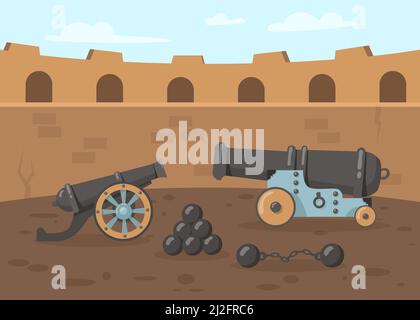 Medieval cannons with cannonballs on tower. Old military weapon for defending fortress in battle flat vector illustration. Middle Ages, history, war c Stock Vector