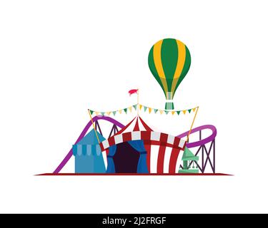 Fun Fair with Circus Tent, Ferris Wheel and Roller Coaster Arena Vector Stock Vector