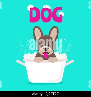 Cute dog sits in a bathtub with foam and bathes Stock Vector