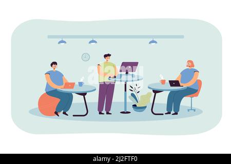 Office employees working at ergonomic workplaces, sitting on fitness ball or standing at desk and using computer. Vector illustration for modern offic Stock Vector