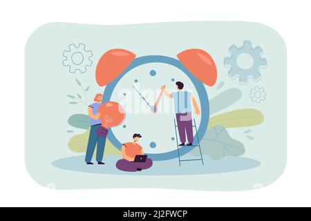 Tiny people working with alarm clock isolated flat vector illustration. Cartoon businesspeople working in team with chronometer. Time management, coun Stock Vector
