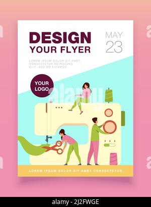 Tiny tailors creating outfit and apparel on sewing machine flat vector illustration. Cartoon women and men working with mannequin. Fashion design indu Stock Vector