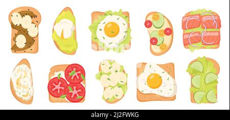 Toasts with various toppings vector illustrations set. Collection of bread slices with eggs, lettuce, vegetables, fish isolated on white background. F Stock Vector