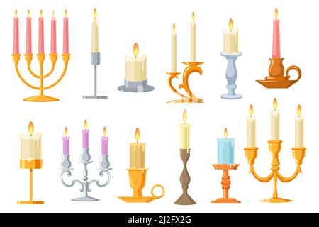 Vintage candles in candlesticks flat set. Cartoon retro elegant candle holders and candelabra isolated on white background vector illustration collect Stock Vector