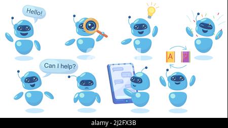 Modern cute chatbot in different poses flat illustration set. Cartoon friendly robot for mobile app isolated vector illustration collection. Conversat Stock Vector