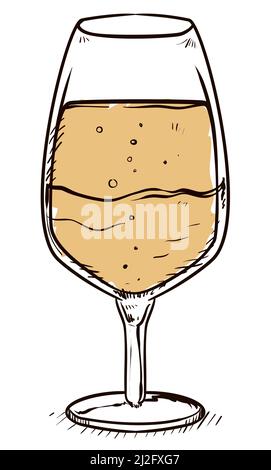 Design in hand draw style of a fancy wine glass, with delicious and bubbly champagne. Stock Vector