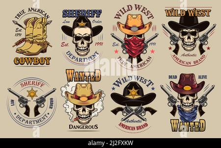 Vintage wild west flat sign set. Colorful saloon or rodeo emblems and labels with cowboy skulls, guns and boots vector illustration collection. Wanted Stock Vector