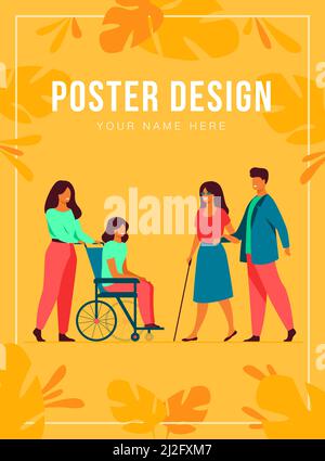 Volunteers helping disabled friends in outdoor walking, leading blind people or wheeling wheelchair. Can be used for disability, diversity, assistance Stock Vector