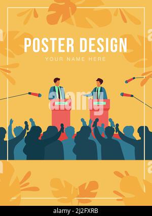 Politicians talking or having debates in front of audience flat vector illustration. Cartoon male public speakers standing on rostrum and arguing. Pol Stock Vector