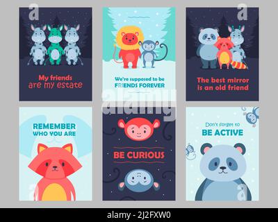 Wild animal postcards set cartoon vector illustration. Cute beasts for kids with inspirational quotes. Lion, panda, monkey, giraffe characters in flat Stock Vector