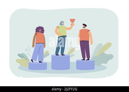 Woman in glasses getting first place in competition. Female and male persons on podium flat vector illustration. Award ceremony, sports, success conce Stock Vector