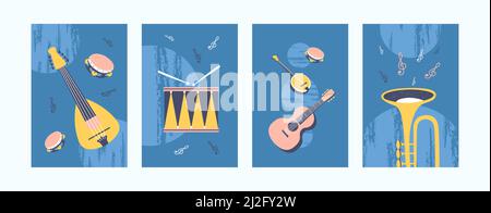 Musical instruments illustrations set in pastel colors. Collection of art posters in retro style. Guitar, drum, tambourine, pipe on blue background. A Stock Vector