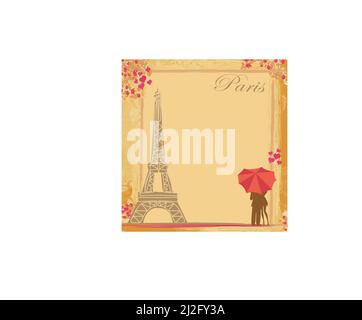 romantic couple of Tourists in Paris, abstract vintage card Stock Vector
