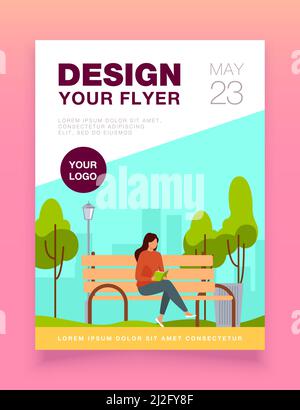 Woman sitting on bench and reading book. Park, city, relaxation flat vector illustration. Weekend and nature concept for banner, website design or lan Stock Vector