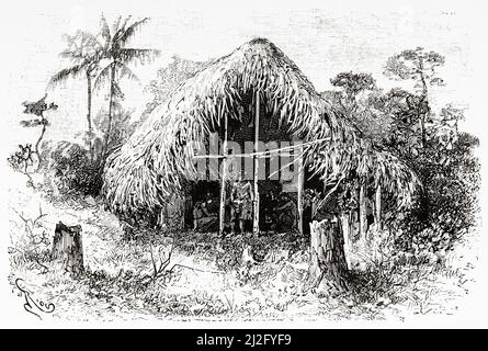 Nukak hut in the savannah, Colombia. South America. Voyage of exploration through New Granada and Venezuela by Jules Crevaux 1880-1881. Le Tour du Monde 1882 Stock Photo