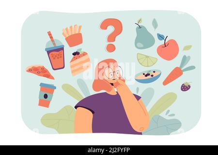 Woman thinking over healthy and unhealthy snacks choice. Organic food vs fast food. Vector illustration for good and bad habit, lifestyle, nutrition c Stock Vector