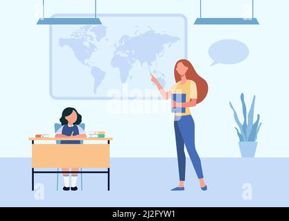 School teacher explaining geography lesson to pupil. Tutor showing world map to student kid. Flat vector illustration. Education, studying concept for Stock Vector