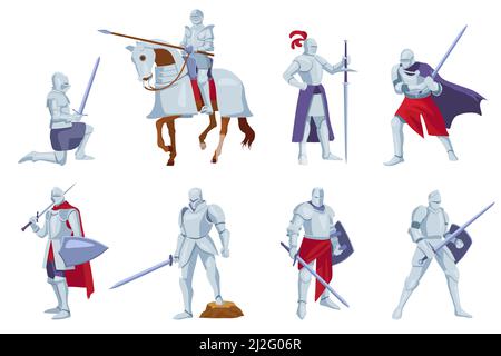 Set of armored knights with weapons in different angles, poses. Cartoon vector illustration. Medieval brutal warrior or soldier with horse, sword and Stock Vector