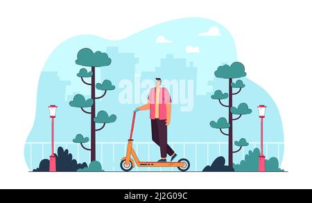 Young man riding scooter in modern city. Flat vector illustration. Happy male cartoon character riding kick scooter in city park after work, on holida Stock Vector