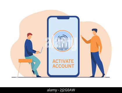 Phone user activating account with fingerprint. Smartphone screen, biometric identity. Flat vector illustration. Cyber security, data protection conce Stock Vector