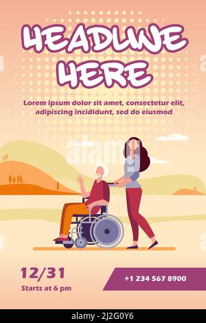 Young woman wheeling wheelchair with senior man. Volunteer helping disabled person flat vector illustration. Disability, volunteering concept for bann Stock Vector