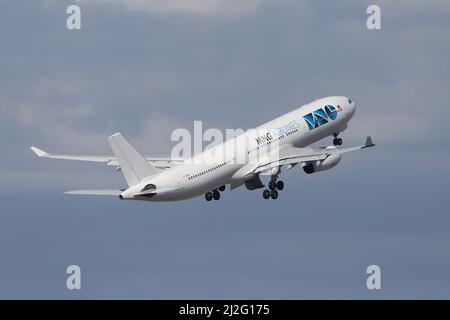 ISTANBUL, TURKEY - OCTOBER 05, 2021: MNG Airlines Airbus A330-343X (CN 889) take off from Istanbul International Airport. Stock Photo
