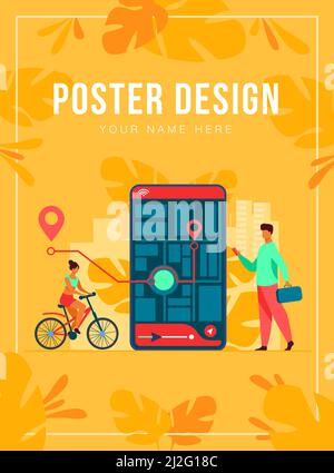 Tiny people using mobile application with map outdoors isolated flat vector illustration. Cartoon phone with navigation tracking app. Journey and tech Stock Vector
