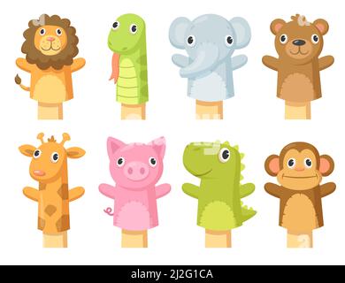 Set of cute hand sock puppets. Cartoon vector illustration. Hand sock toys in form of giraffe, lion, elephant, bear, snake, pig, crocodile, monkey. Pu Stock Vector