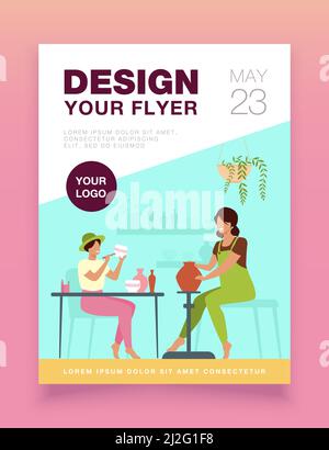 Smiling female artists creating ceramic vase from clay isolated flat vector illustration. Cartoon ceramists making colorful earthenware. Pottery hobby Stock Vector