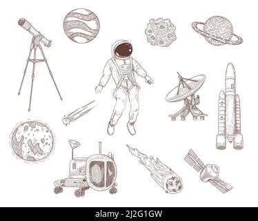 Space and galaxy hand drawn vector illustration collection. Vintage sketch of astronaut, moon, Saturn, planets, spaceship, rocket in engraved style. A Stock Vector