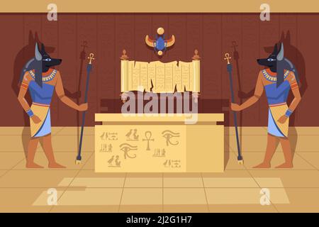 Two Anubis deities with ankh walking canes next to mummy case. Cartoon vector illustration. Egyptian gods in ancient temple interior, symbols and hier Stock Vector