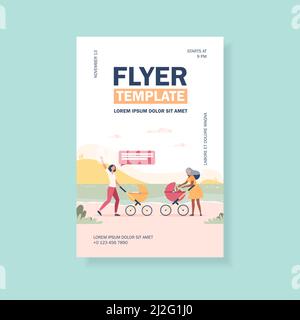 Two new moms walking together. Woman with strollers meeting and waving hello flat vector illustration. Motherhood, childcare, friendship concept for b Stock Vector