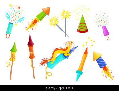 Various colorful firecrackers flat item set for web design. Cartoon bombs, crackers and rockets with fuse isolated vector illustration collection. Hol Stock Vector