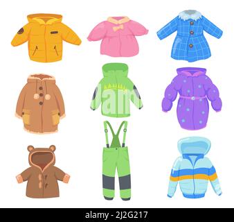 Winter clothes for kids set. Colorful warm coats, jackets, pants for children isolated on white background. Vector illustration for fashion store, sal Stock Vector