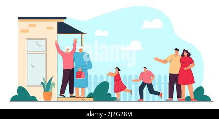 Young parents bringing children to grandparents. Flat vector illustration. Happy grandparents standing on porch, welcoming grandson and granddaughter Stock Vector