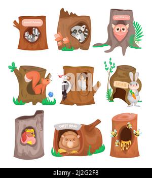 Various cute animals in hollows flat set. Cartoon birds, bees, owl, rabbit and squirrel in trunk hole isolated on white background vector illustration Stock Vector